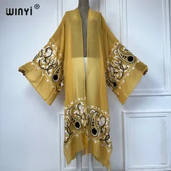 WINYI Dress Cashew embroidery cardigan Beach Wear Swim Suit Cover Up Boho Fashion Elegant Sexy Holiday Long Sleeve Kimono