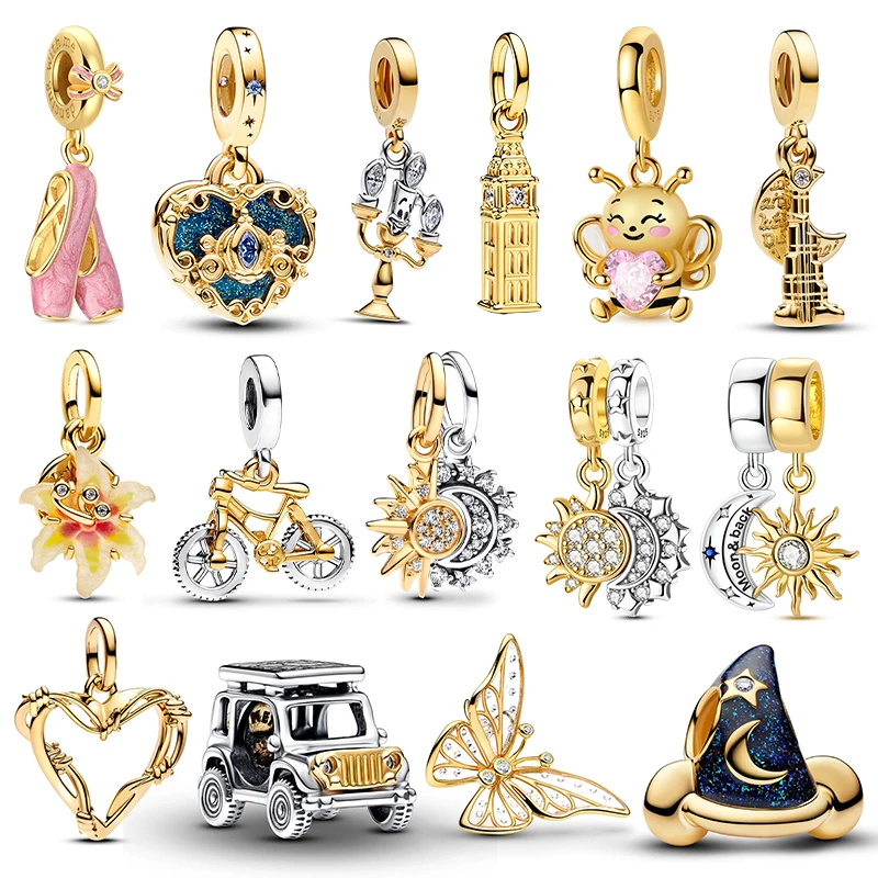 

Original Golden Buildings And The Sun And Moon 925 Silver Charms Beads Fits 3mm Original Bracelets Womens DIY Fine Jewelry Gifts
