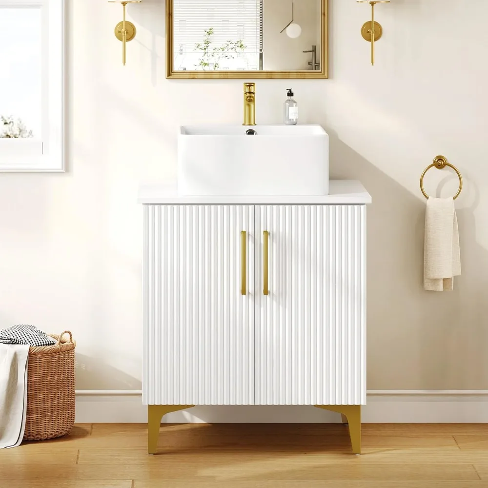 

24 Inch Bathroom cabinet w/Sink, Freestanding Storage Cabinet w/Engineered Stone Countertop, 2 Large Soft Closing Doors w/Shelf