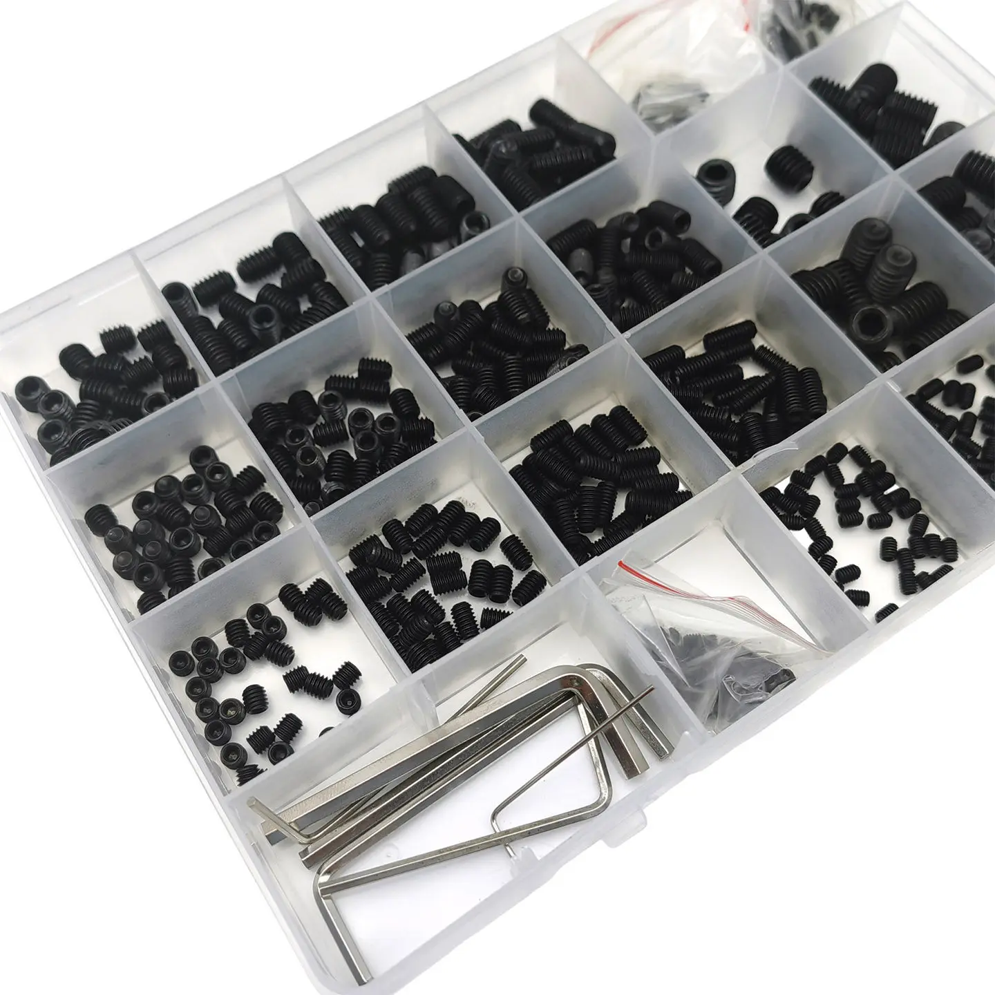 666pcs Black Carbon Steel Grub Screws Cup Point Machine Metric Screws Headless Bolts M2-M8 Assortment Kit with W