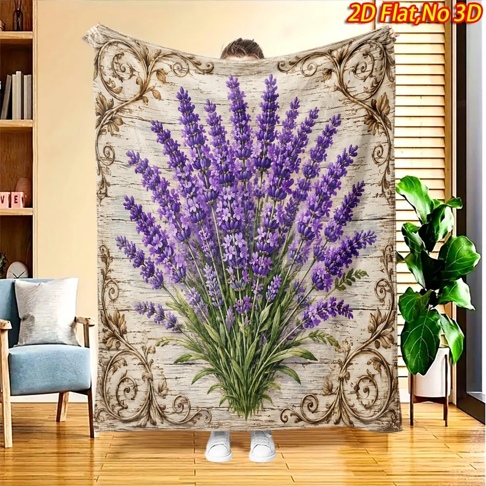 Vintage Purple Lavender Bouquet Retro Wood Scroll Frame Flannel Throw Blanket Warm Cover For Sofa Farmhouse Floral Decor Gift