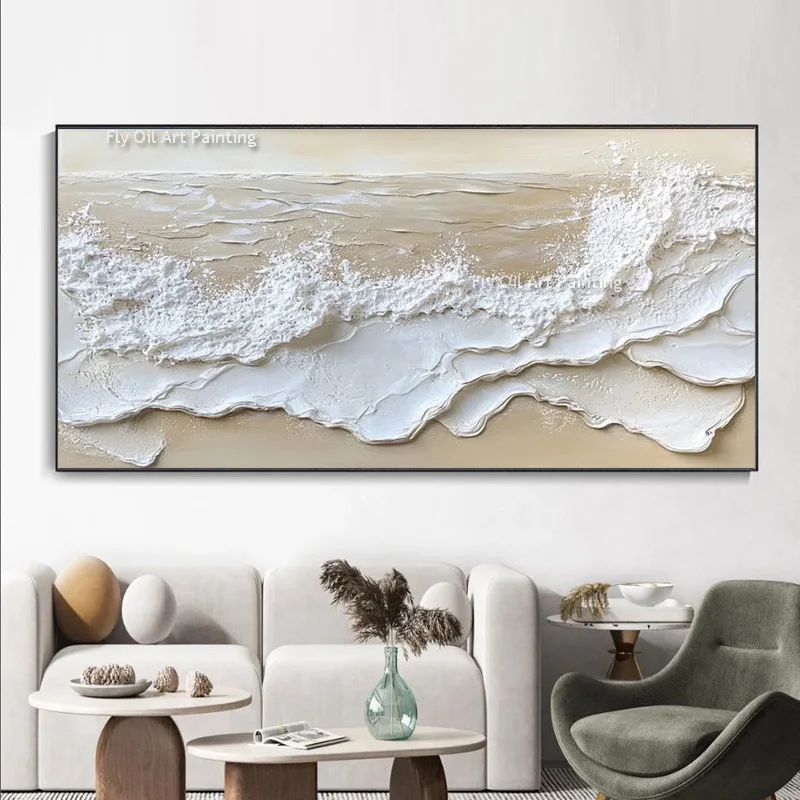 Large White Seawave Knife Thick Oil Painting Handmade Brown Sea Scape Canvas Painting Modern Wall Art Sea Artwork For Decor