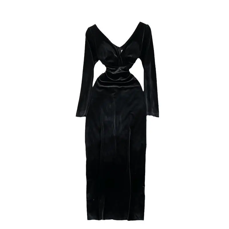 Autumn Winter Green/Black Velvet Long Dress Women Sexy V-Neck High Waist Bodycon Party Vestido Female Slim Maxi Robe New Fashion