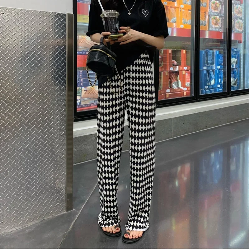 2023 New Spring and Summer Minimalist Black and White Diamond Checkered High Waist Casual Loose Fashion Pleated Floor Mop Pants