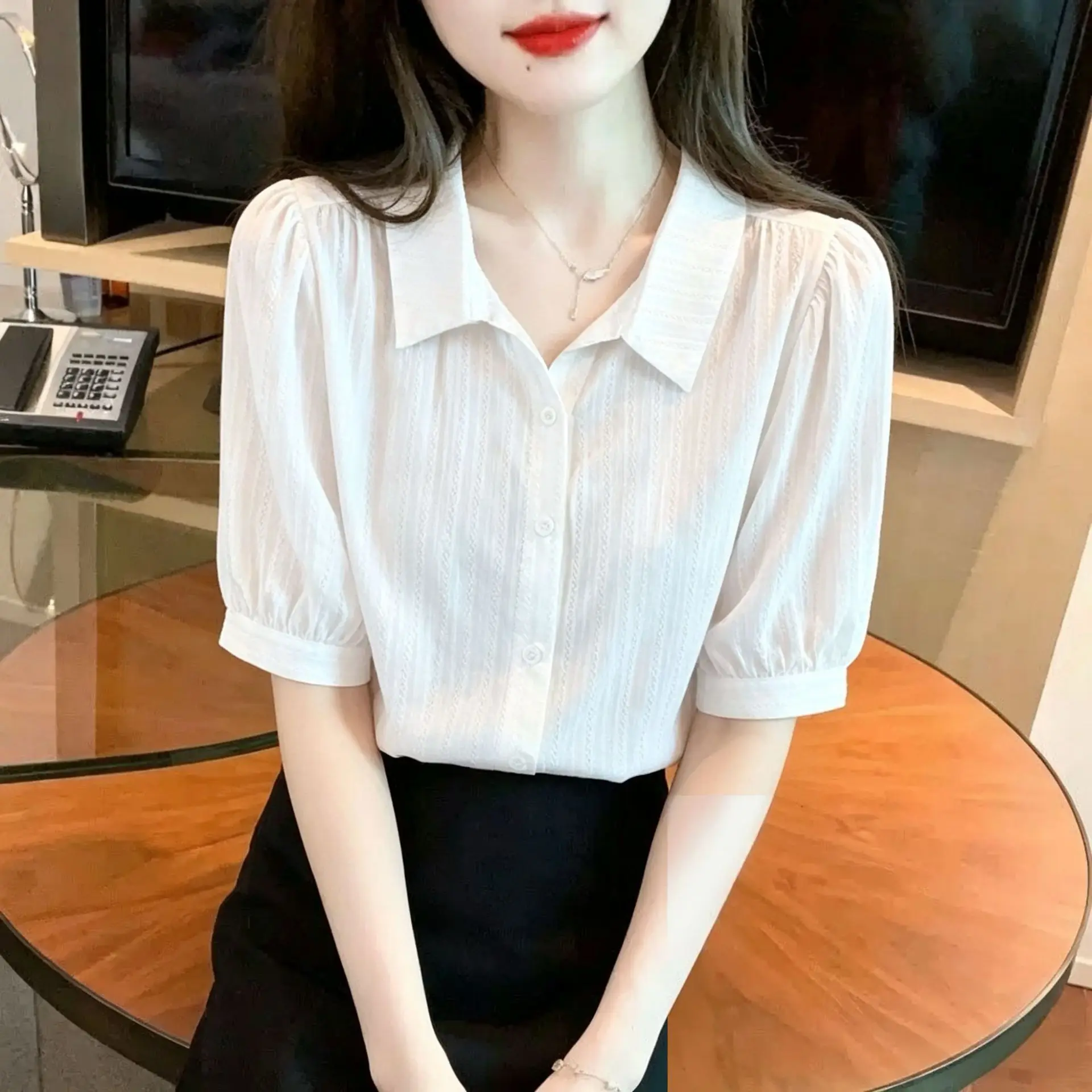 Pure Cotton Women's Shirt French Style Stand Collar Short Sleeve White Top Versatile Summer New Arrival for Petite Size