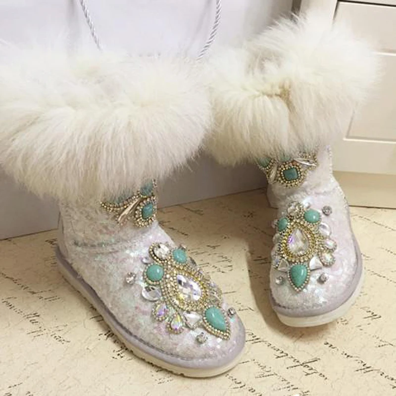 Blling Bling Sequins Malachite Diamond Decor White Fox Fur Snow Boots Woman Warm Plush Inside Rhinestone Winter Boots