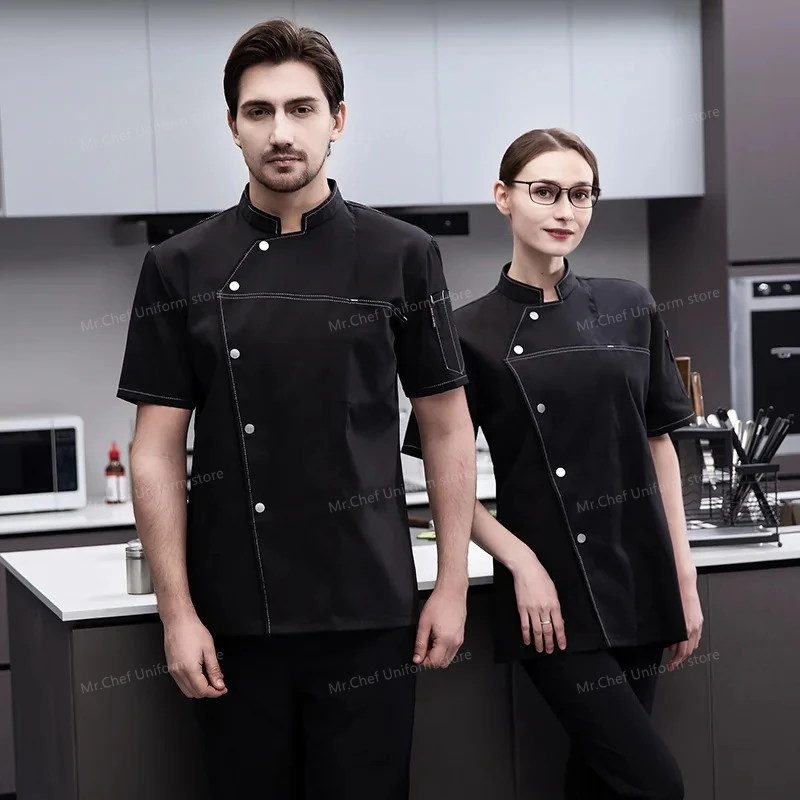 Men Chef Jacket black Short Sleeve Chef Coat Apron Summer Head Chef Uniform Restaurant Hotel Kitchen Cooking Clothes Women logo