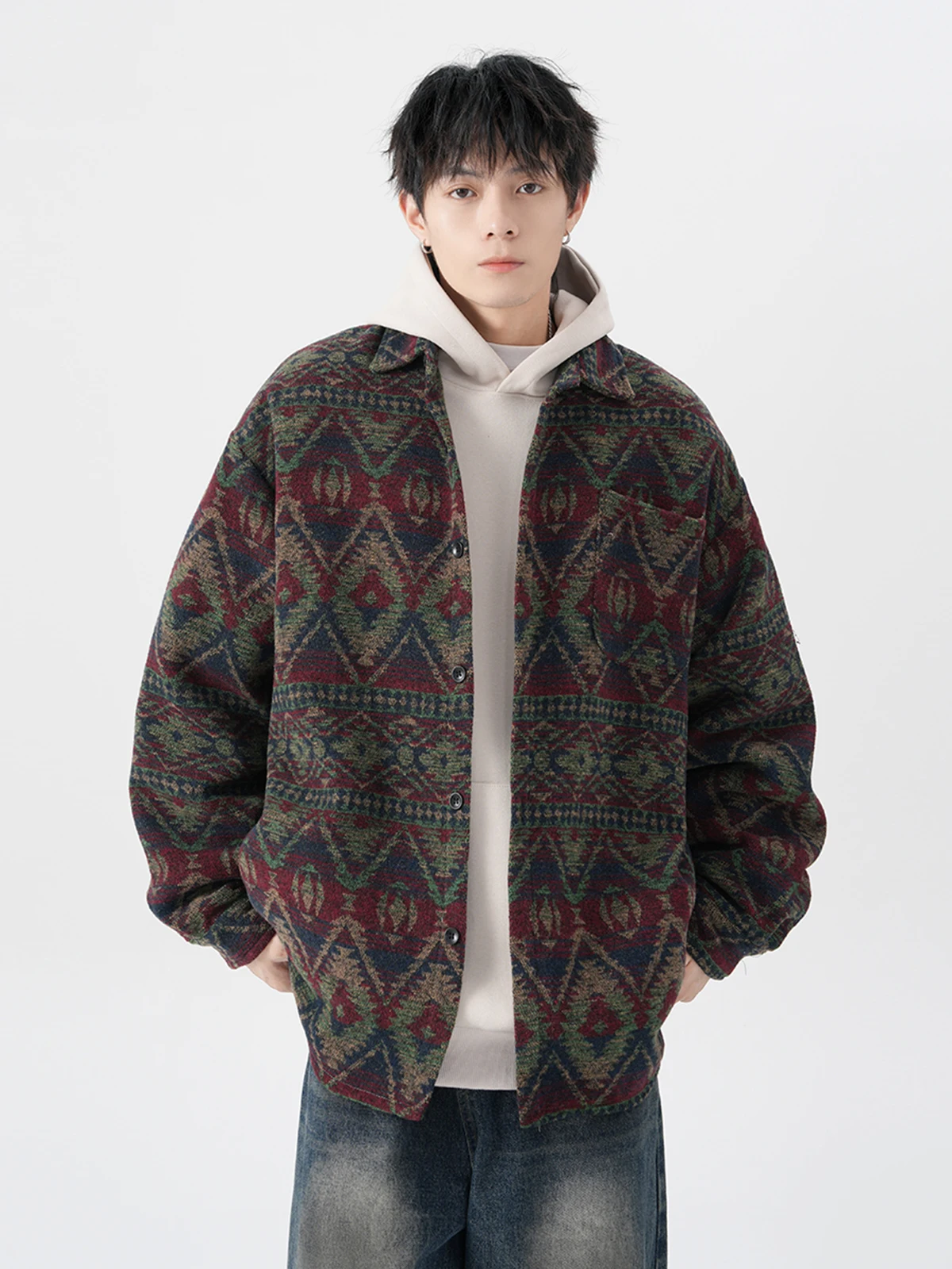 2025 Spring and Autumn New Men's Retro Printed Brown Shirt Jacket Loose Casual Turn-down Collar Wine Red Pink Jacket