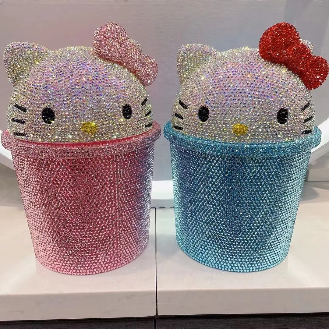 Home Decor Hello kitty Kawaii Handmade Crystal Shiny Rhinestones Clamshell Dustbin Trash Can, Rubbish Bin, Desktop Storage Box