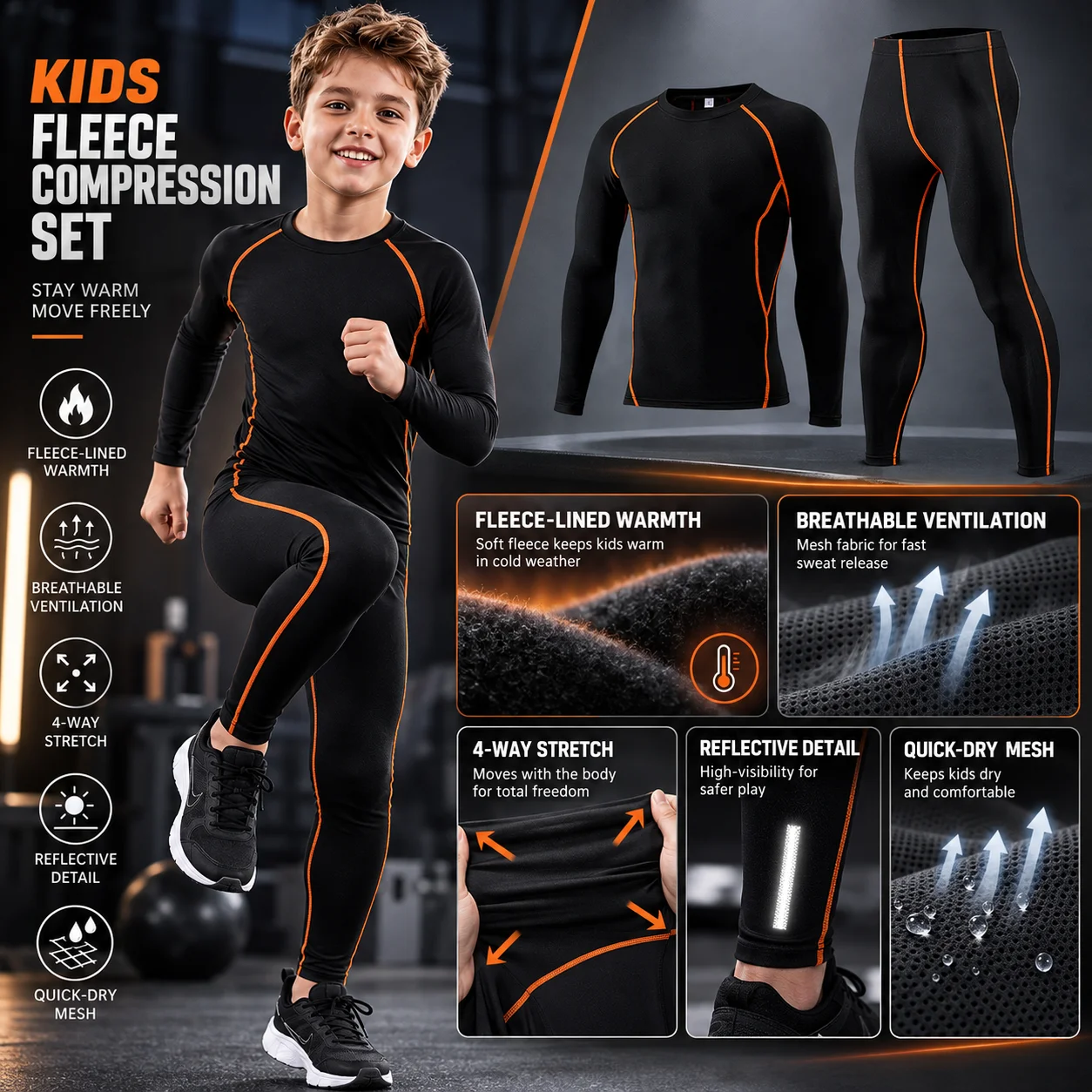 Kids Fleece-Lined Thermal Underwear Set Long Sleeve Compression Top Pants Warm Base Layer for Football Basketball Fitness