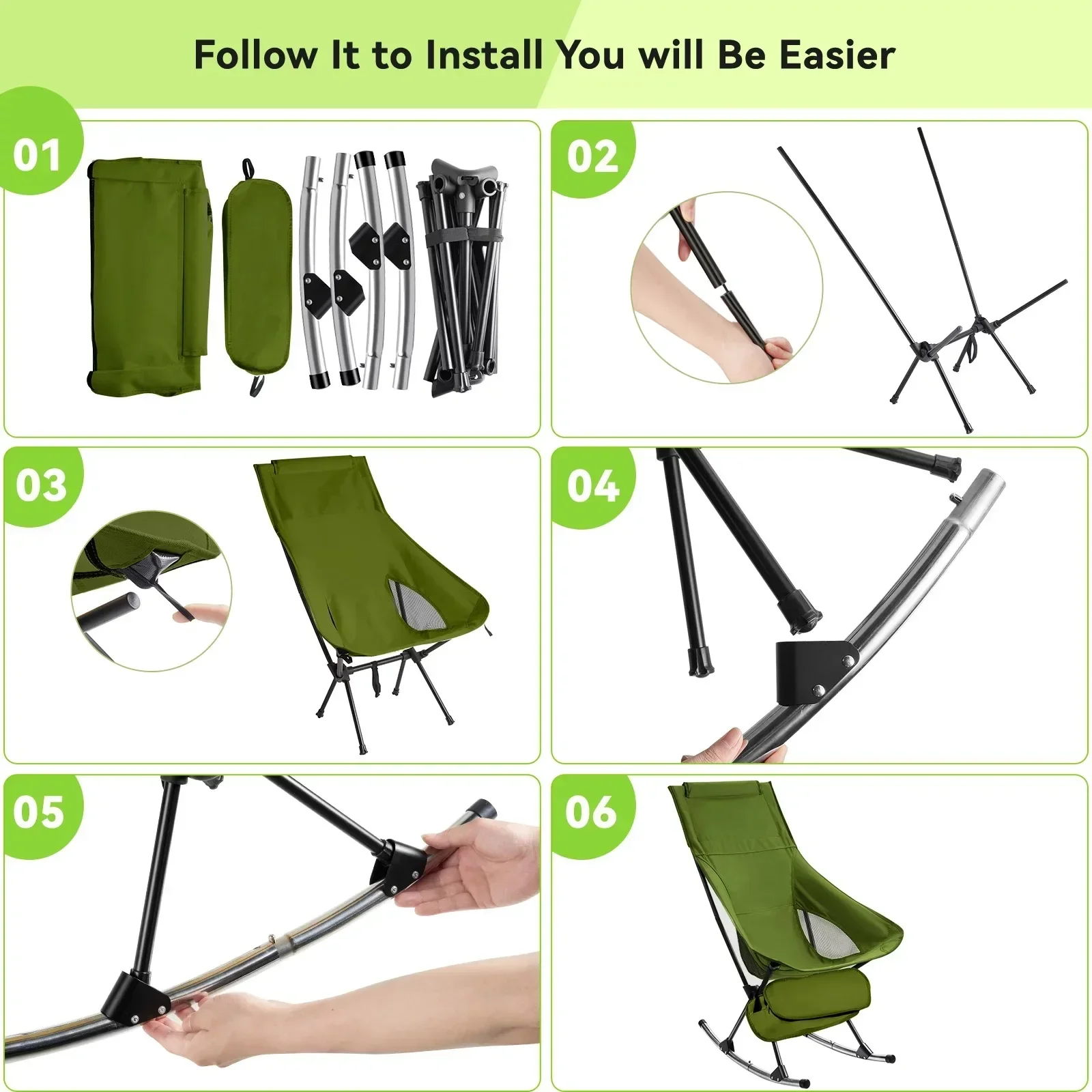 Folding Rocking Chair Portable Outdoor Camping Leisure High Back Moon Chair Beach Park Chair