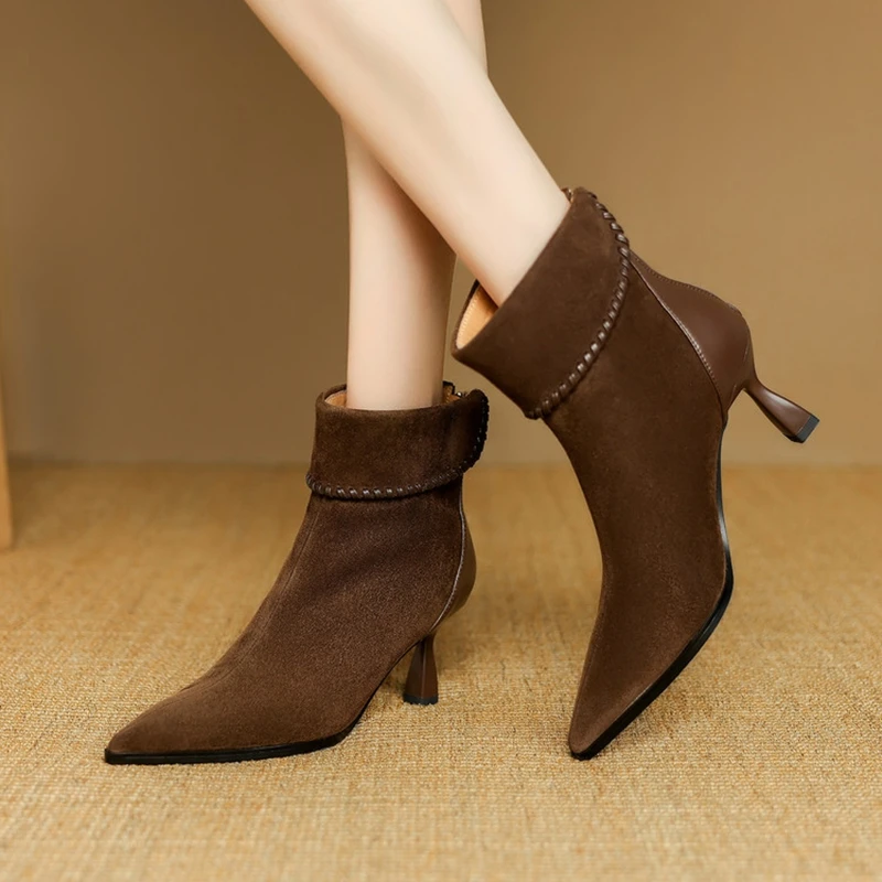 NEW Autumn/Winter Women Boots Sheep Suede Leather Shoes Women Pointed Toe Thin Heel Shoes Elegant Zipper Ankle Boots Daily Shoes