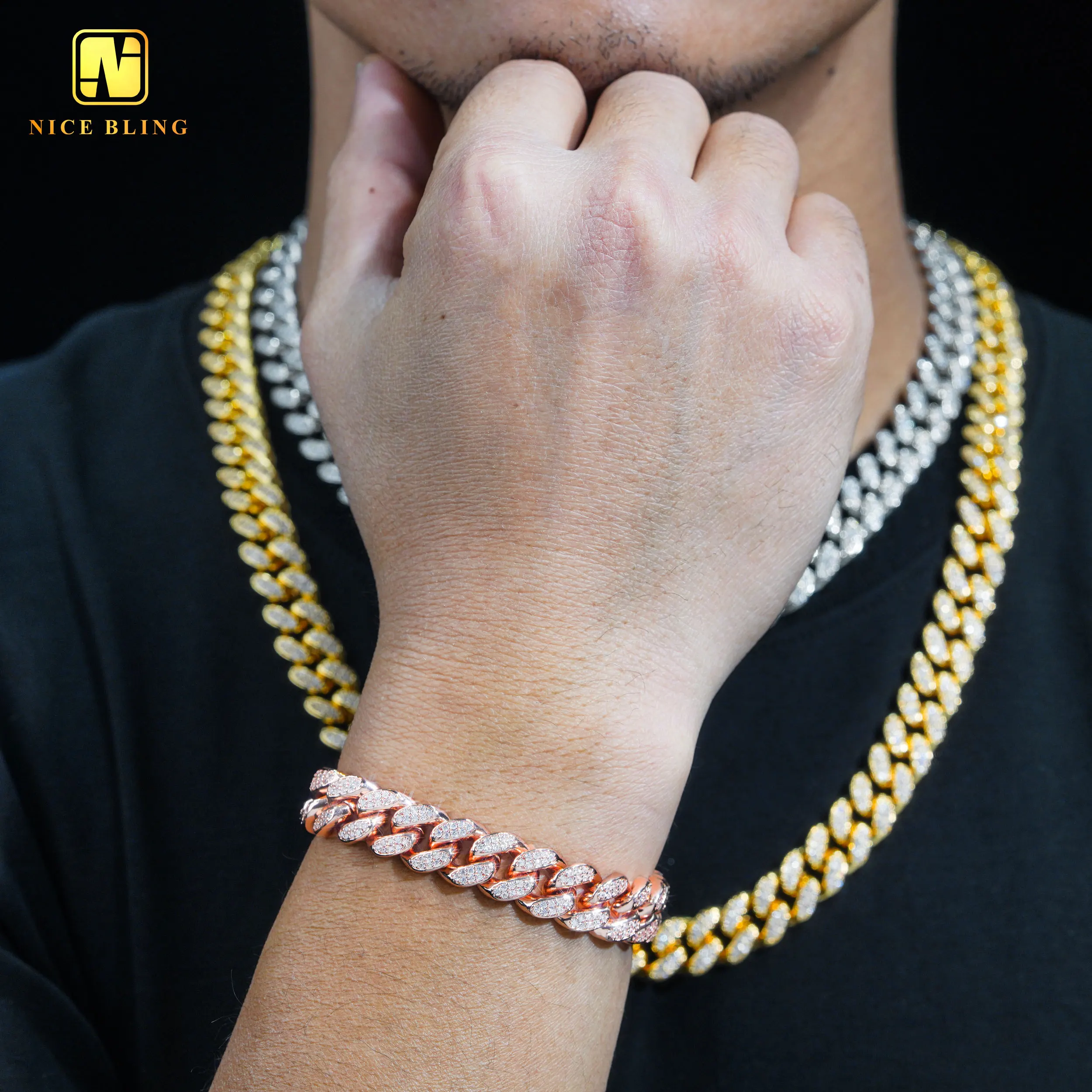 Wholesale 12mm Miami Cuban Link Chains Brass Jewelry Hip Hop 5a Cubic Zircon Cuban Necklace Bracelet for Men and Women