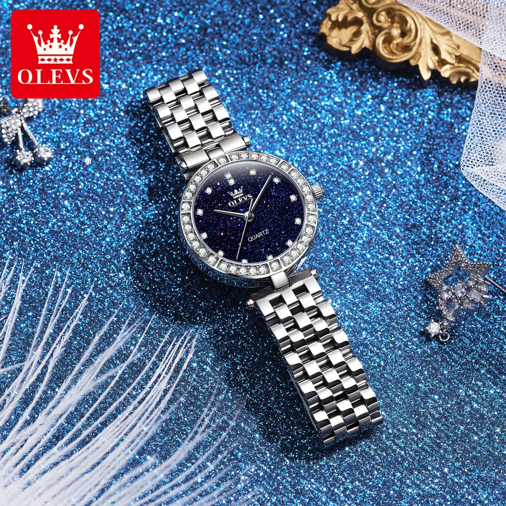 OLEVS 3641 Women's Watches Solid Steel Strap Starry Sky Diamond Dial Elegant Ladies Dress Wristwatch Original Watches for Woman
