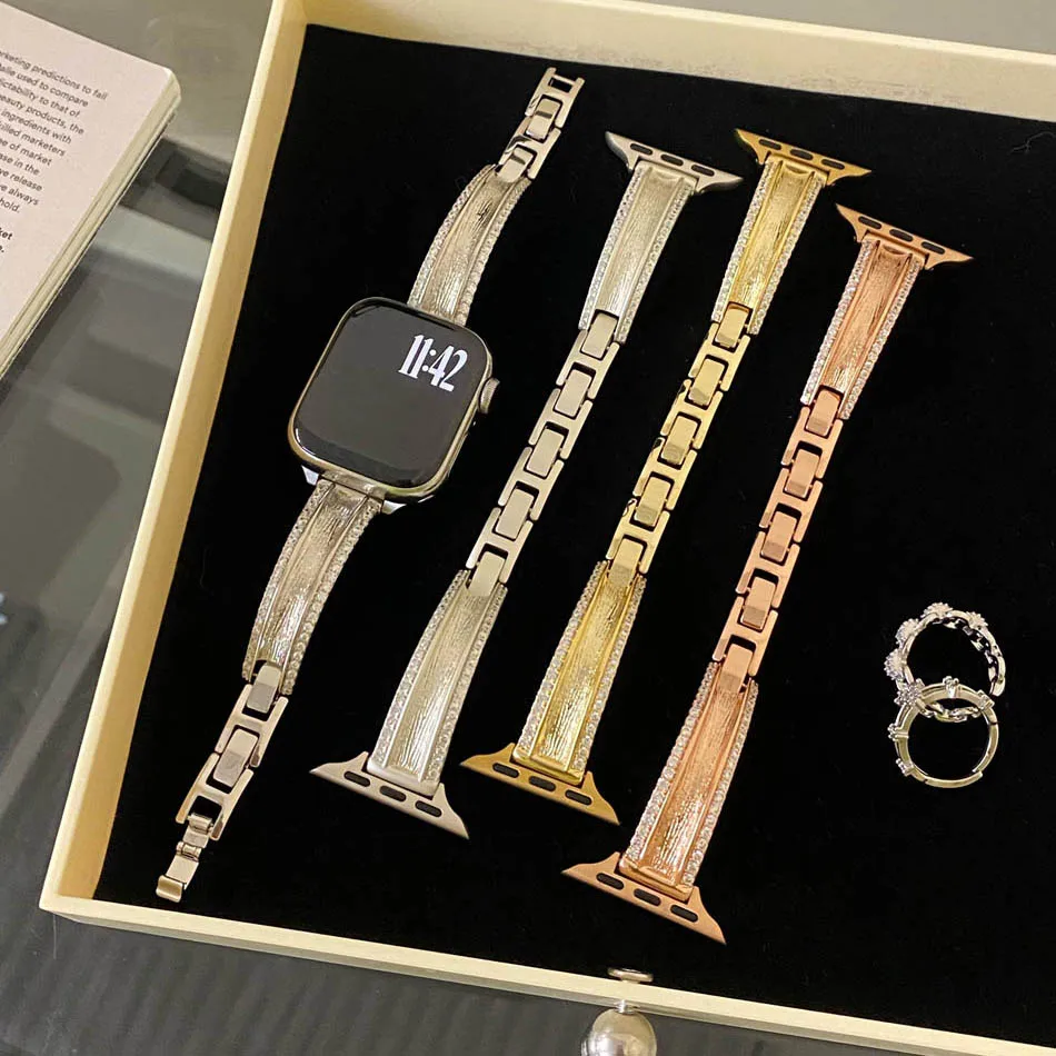 سوار أنيق من الزركون الفرنسي لساعة أبل النسائية 38 مم 40 مم 41 مم 42 مم 44 مم 45 مم 46 مم 49 مم سلسلة 10 9 8 7 6 5 SE حزام نحاسي فاخر للغاية