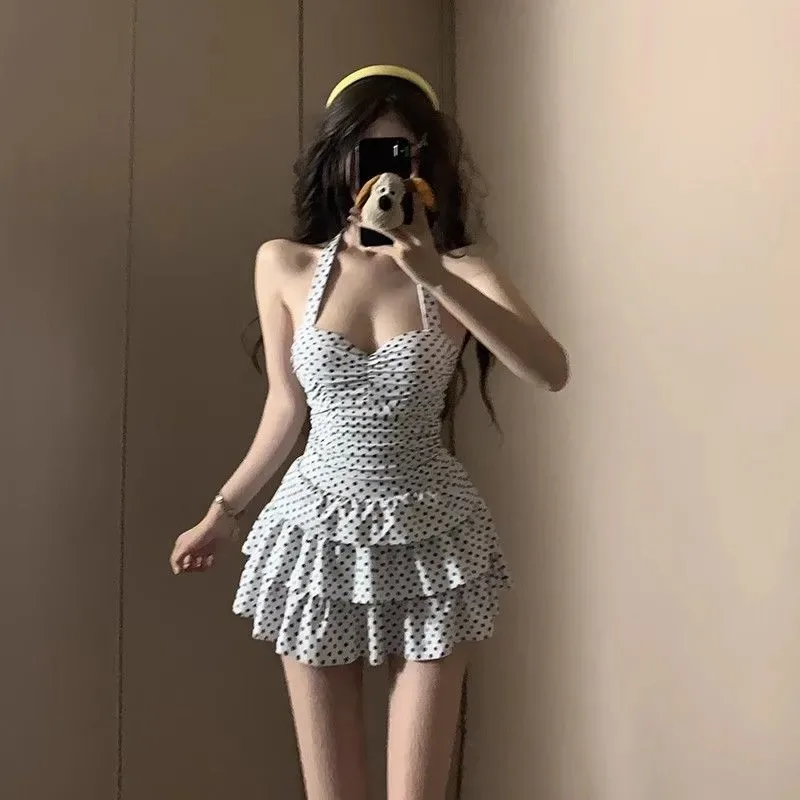 

Women's Polka Dot Halter Backless Mini Dress Ruched Ruffle Hem Sweetheart Neck Y2K Party Dress