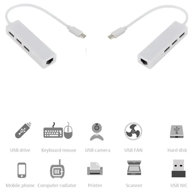 GRWIBEOU HUB 3 Ports Type C to USB HUB Support Ethernet LAN RJ45 Cable Adapter Network Card USB 3.1 2.0 Data Transfer Adapter