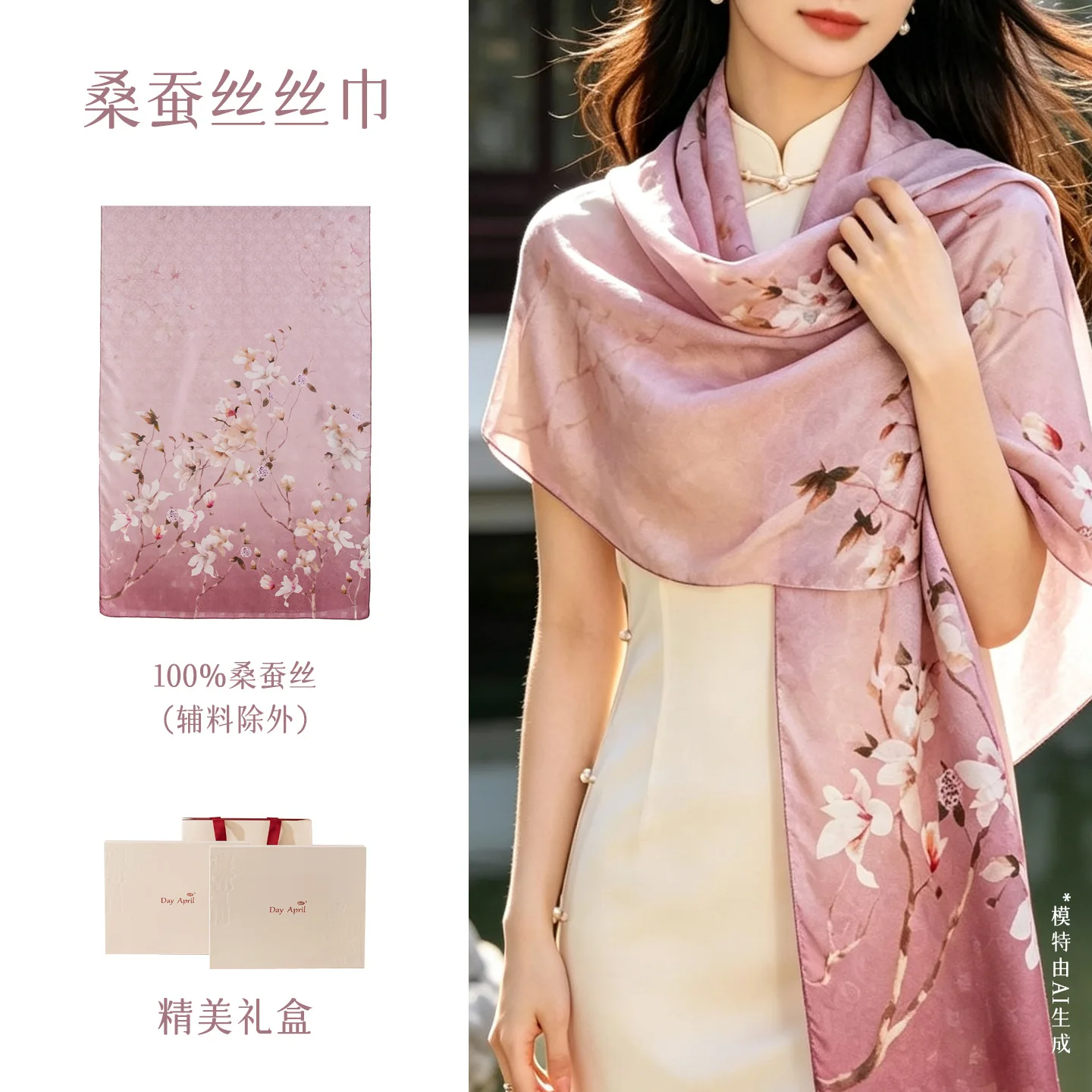 2026 spring and summer high-grade mulberry silk printing pink long scarf