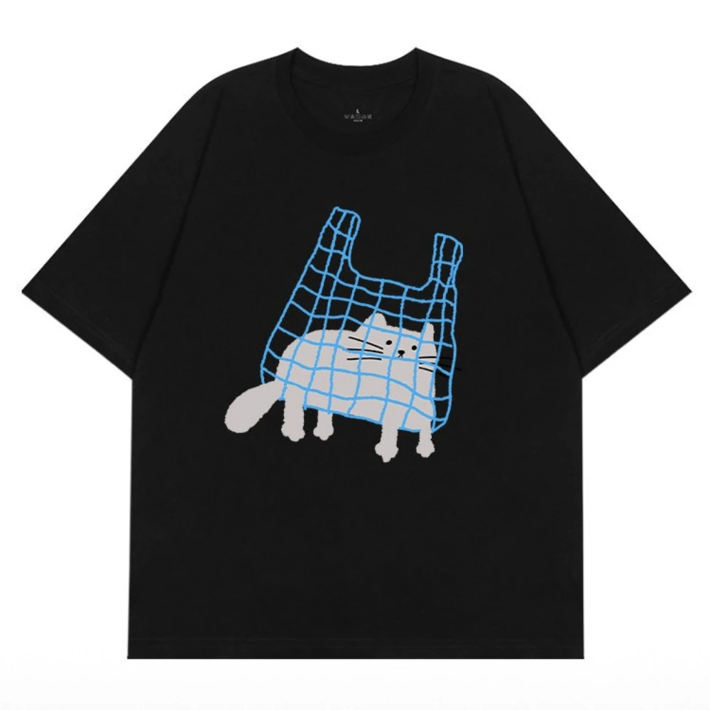 Cat In Bag T Shirt Summer Unisex Men Women Hand Drawn Line Art Scribble Doodle Funny Cute Kitten Graphic Tee Tops