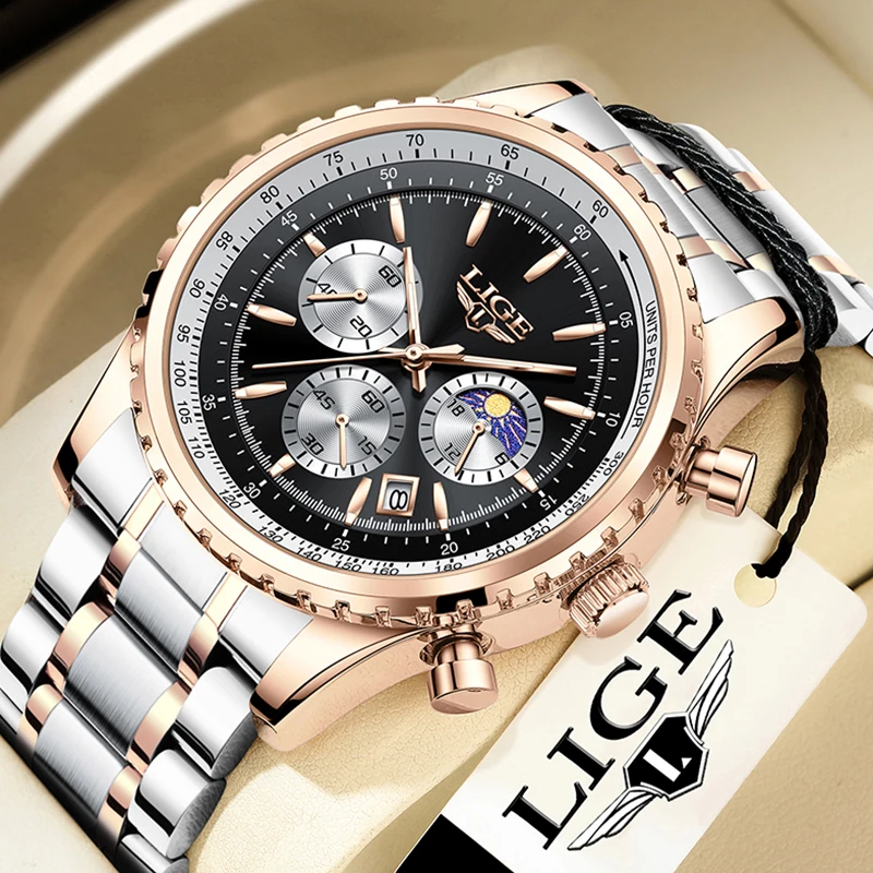 2024 LIGE Business Watch Men Fashion Military Quartz Watches For Men Full Steel Sports Waterproof Chronograph Relogios Masculino