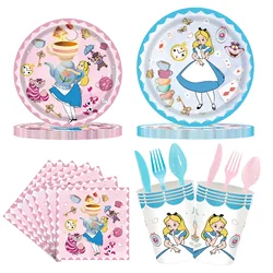 Disney-Décoration de fête d'anniversaire Alice au pays des merveilles, comprend une tasse en papier, une assiette, une serviette, une nappe, une décoration de gâteau pour les enfants, une baby shower