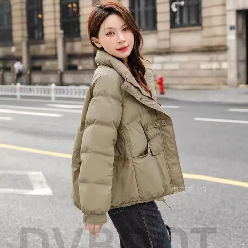 Women's New Style Three-button Down Jacket Winter Petite Bread Jacket Outerwear Loose Fit Thickened Warm Stand-up Collar