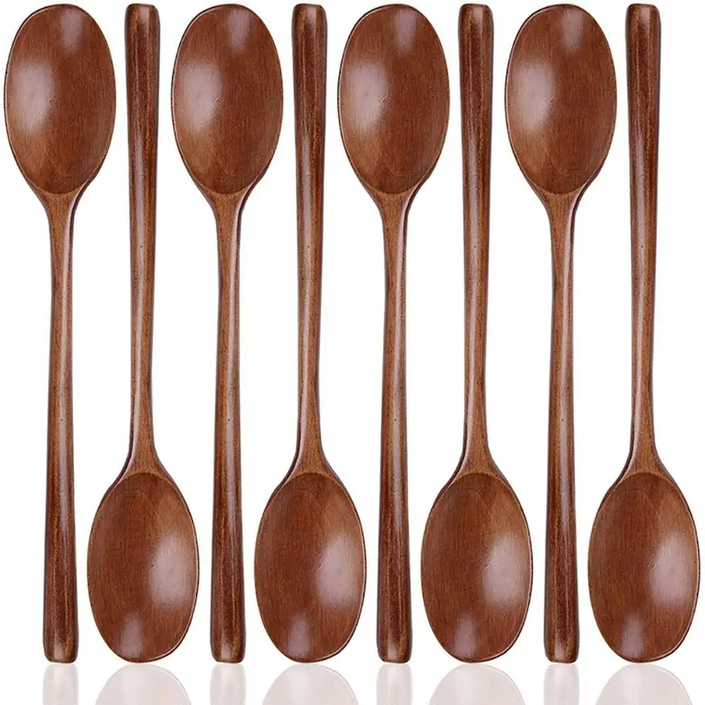 1/6Pcs Wood Soup Spoons for Eating Mixing Stirring Long Handle Spoon Kitchen Utensil