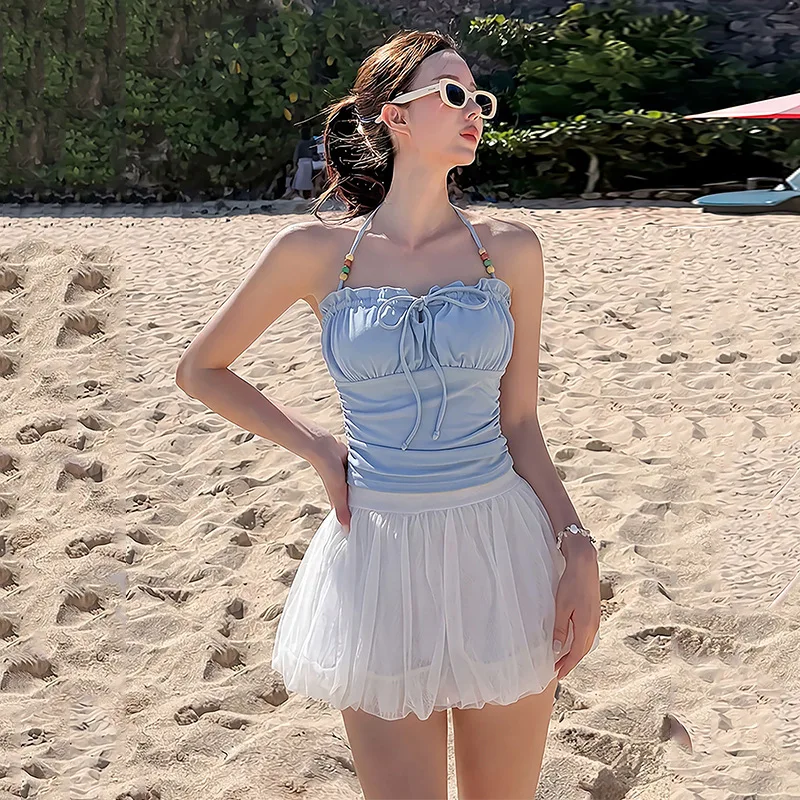 Sexy blue beads halter wrinkled tie vest bikinis sets two pieces with bubble mini skirt swimsuits swimwear bathing suits biquini