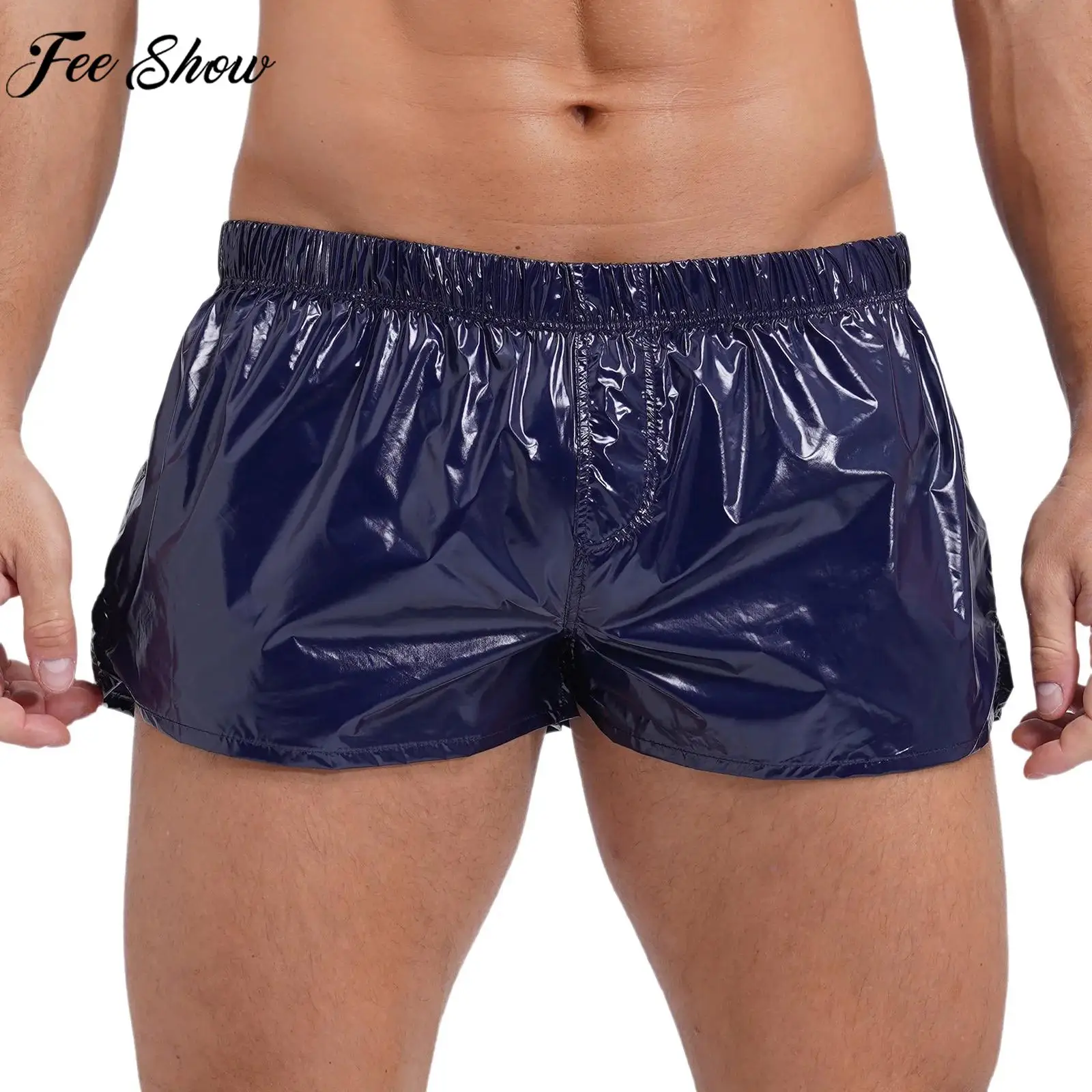 Men Low Rise Boxers Shorts Solid Color Slim Fit Sides Slit Glossy Trunks for Beach Pool Swimming Sports Fitness Nightclub Party