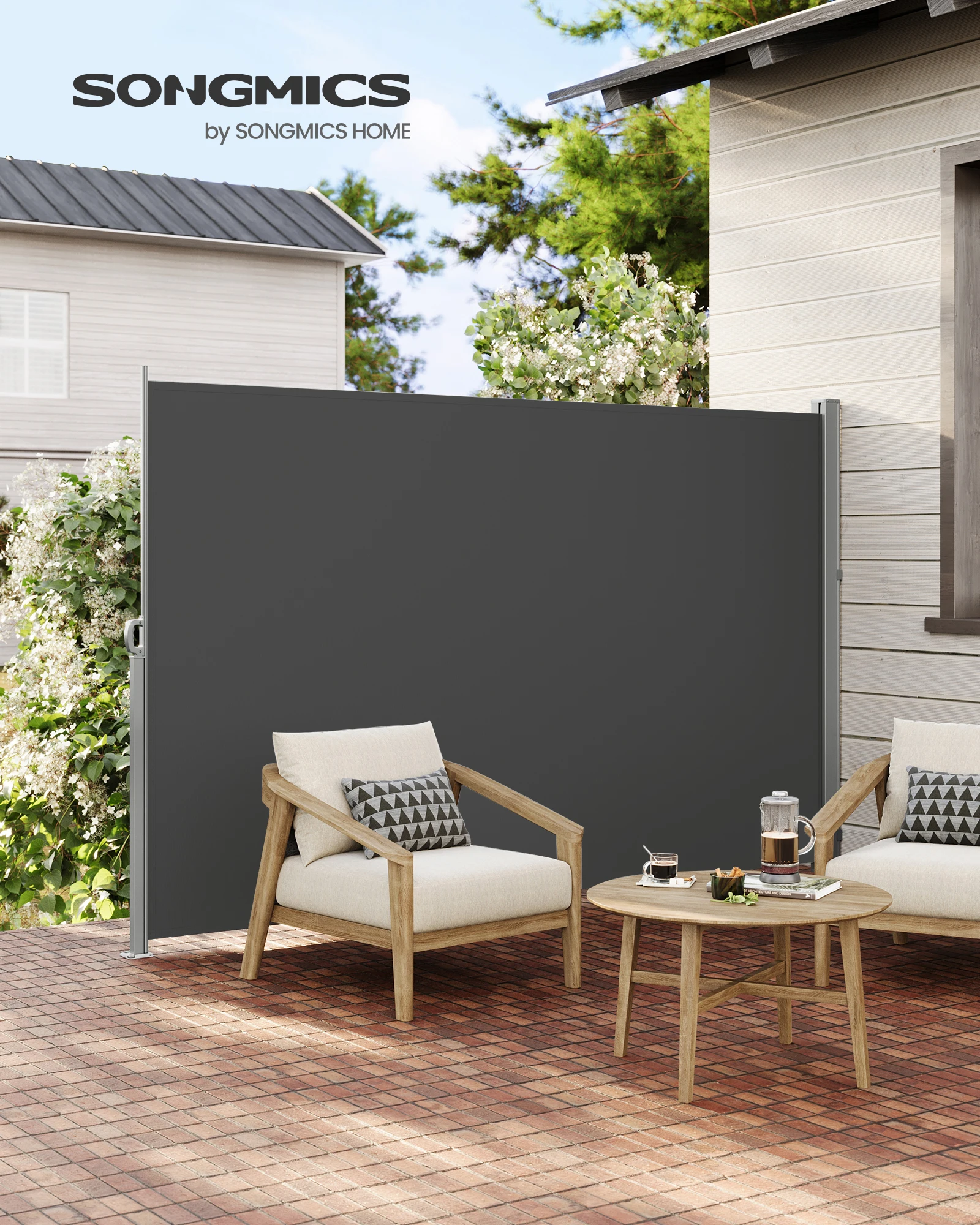 SONGMICS Seitenmarkise mit Stahl-Kasten, rostbeständig, ausziehbar, 160 x 300 cm, Sichtschutz, Sonnenschutz, blickdicht, Seitenrollo, für Balkon, Terrasse, Garten, anthrazit