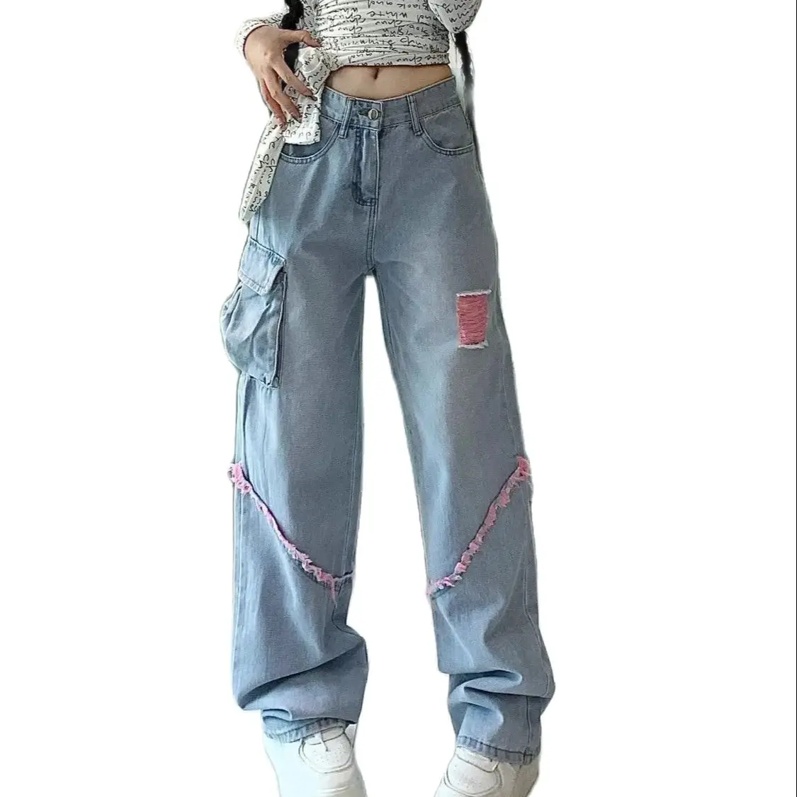 Calça jeans folgada de perna larga feminina, cintura alta, buraco, vintage, azul, desgastada, moda americana, Y2K Streetwear, calça feminina