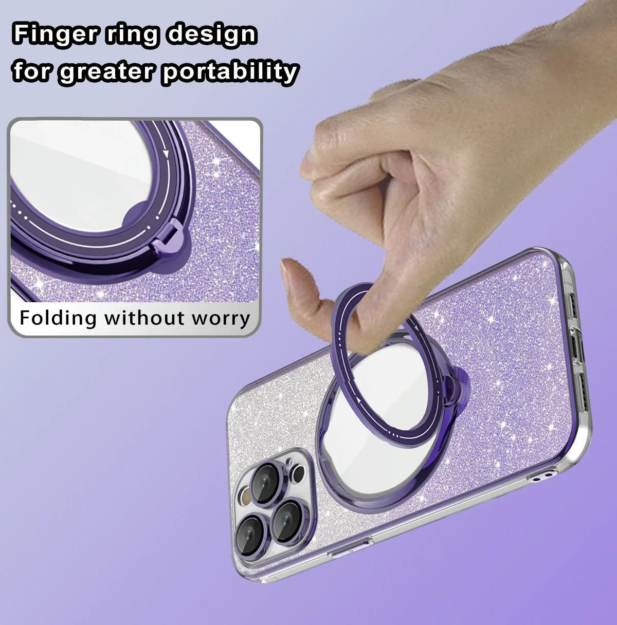 For iPhone Glitter Electroplated Magnetic Glitter Phone Case For iPhone 15 Pro Max 14 13 12 with Invisible Ring Stand Lens Cover