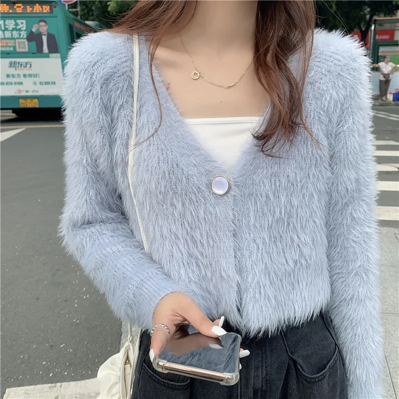 Girl's Lazy Style Knitted Cardigan Sweater Women's Solid Color Imitation Carved Wool Short Style Women's Clothing