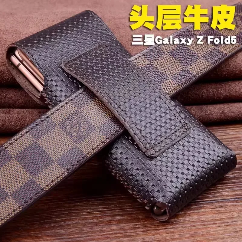 Original Genuine Leather Waist Belt Pouch for Samsung Galaxy Z Fold 5 4 Fold5 Case Crocodile Oil Wax Magnetic Flip Buckle Bag