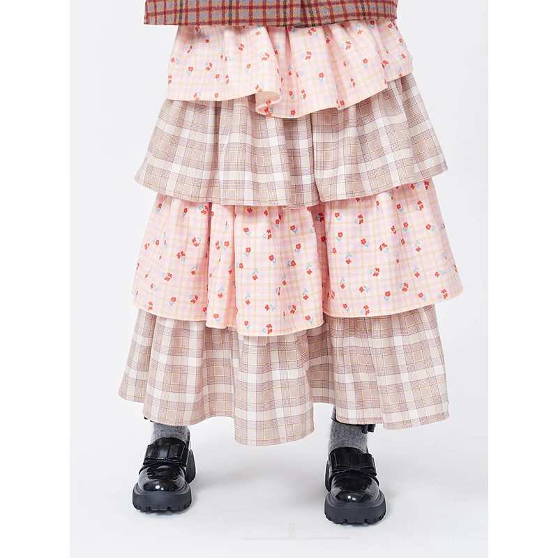 Japan JK Lolita Girls Pink Tiered Puff Cake Skirt Women Retro Cute Style, Plaid & Cherry Print Midi Skirt for Fall Winter Season