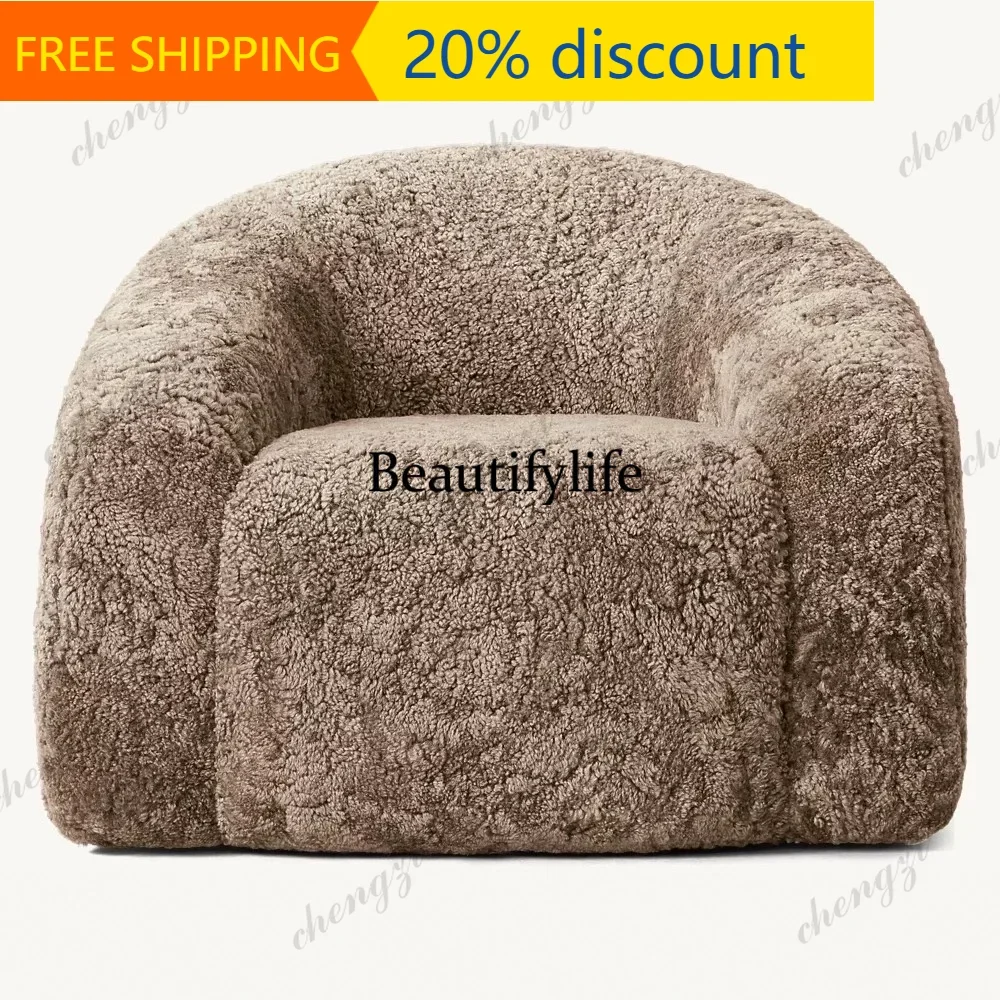 132 Mid ancient style soft glutinous sheep fur wrapped leisure chair with curved all inclusive design, plush leather single sofa