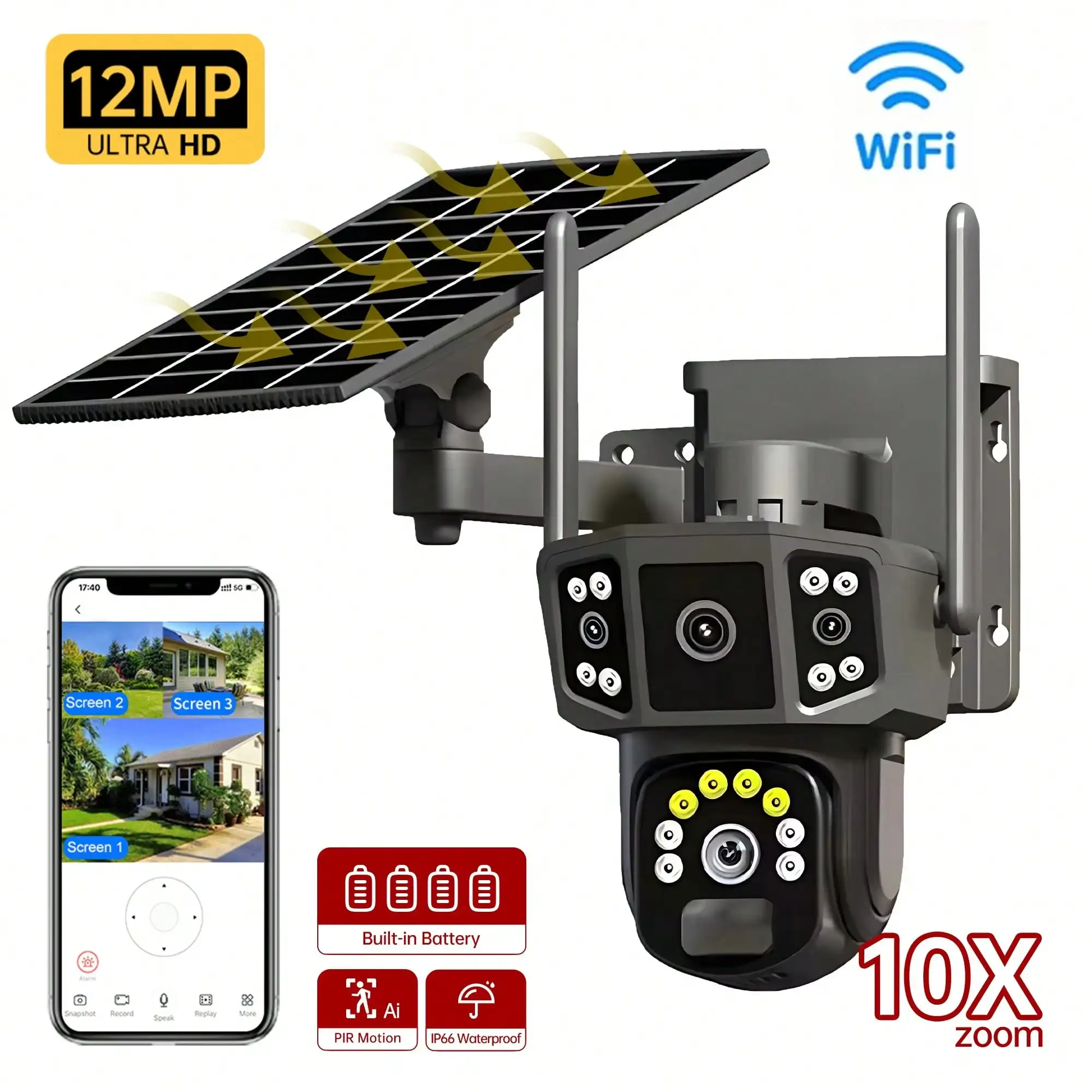 

4K/8MP Solar-Powered Security Camera, Solar-Powered Outdoor Security Camera, 360° Panoramic Outdoor Camera, WiFi Home Security,