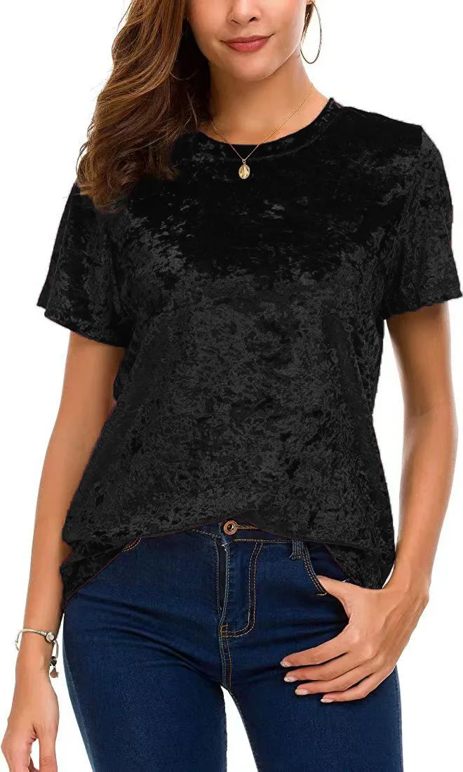 Damen-T-Shirt aus Crushed-Samt in Übergröße, kurzärmelig, Rundhalsausschnitt, lässiges, lockeres Oberteil – Detail 11