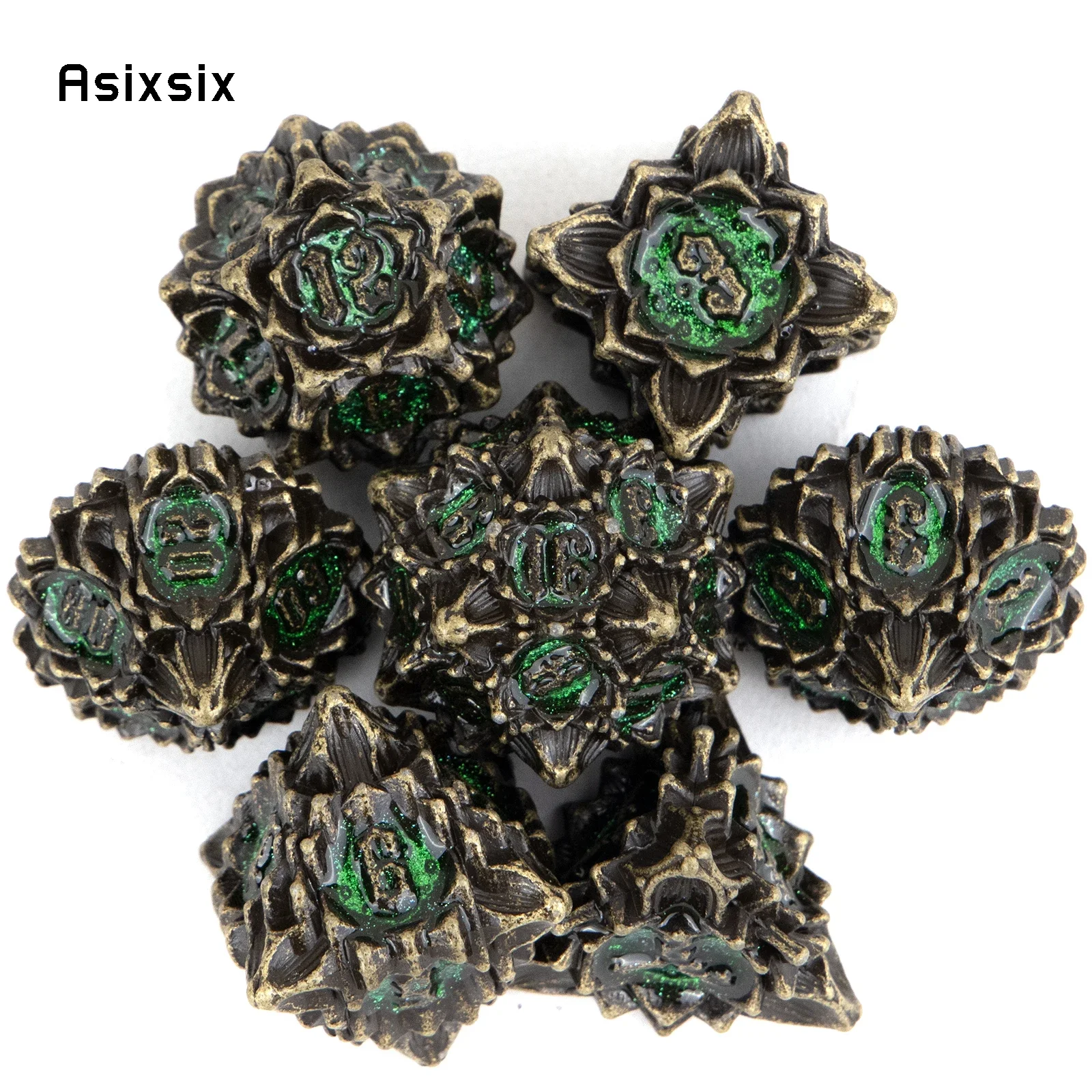 

7 Pcs Copper Green Lotus Flower Metal Dice Solid Metal Polyhedral Dice Set Suitable for Role-Playing RPG Board Game Card Game