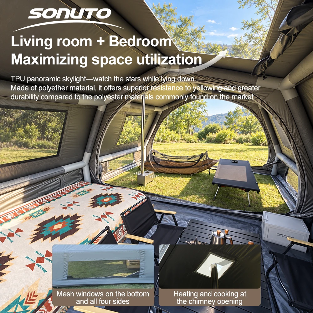 Sonuto Inflatable Tent Outdoor Camping Waterproof Titanium Silver Sunshade Tent with Stove Jack 9.5㎡ Large Space