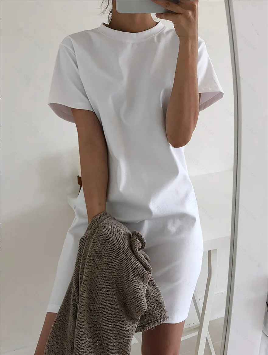 Modisches, kleines, schlichtes, einfarbiges, lockeres T-Shirt-Kleid mit Rundhalsausschnitt für Damen 2025