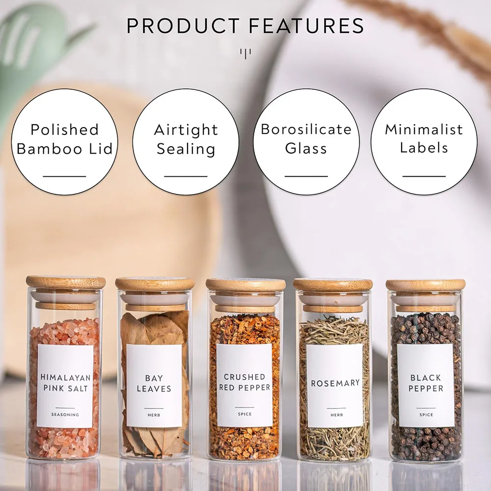 4oz 10/20Pack Spice Jars with Minimalist Spice Labels, Round Jar Canisters with Polished Bamboo Lids