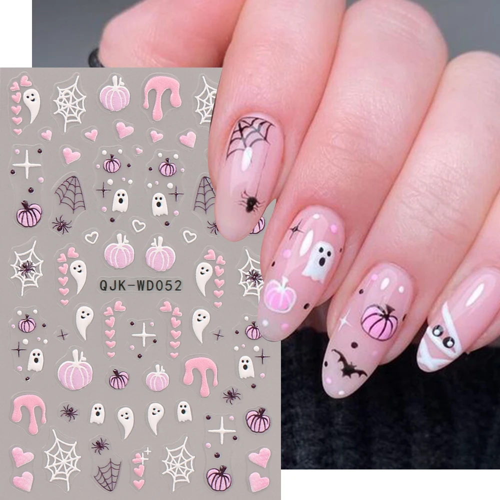 Halloween Cute Embossed 3D Nail Art Stickers Lovely Ghost Pumpkin Spider Web Bat Nail Decals DIY Halloween Manicure Decorations