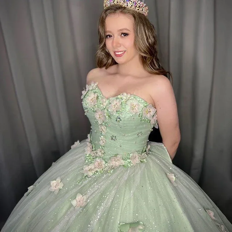 Vintage Sage Green Sweet Princess Quinceanera Dress Bead Appliques 3D Flower Vestidos De 15 Birthday Party Graduation Ball Gown