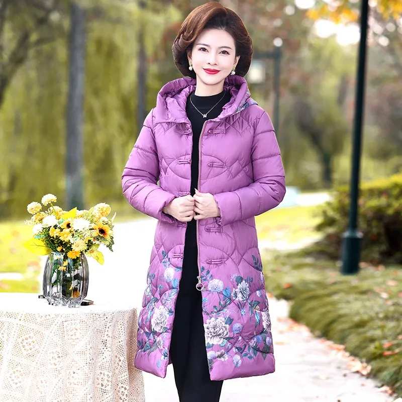 Winter Women Long Hooded  printing Down Cotton Jacket  Winter Femme Thickened Warm Padded Coat Female Down Jacket Overcoat