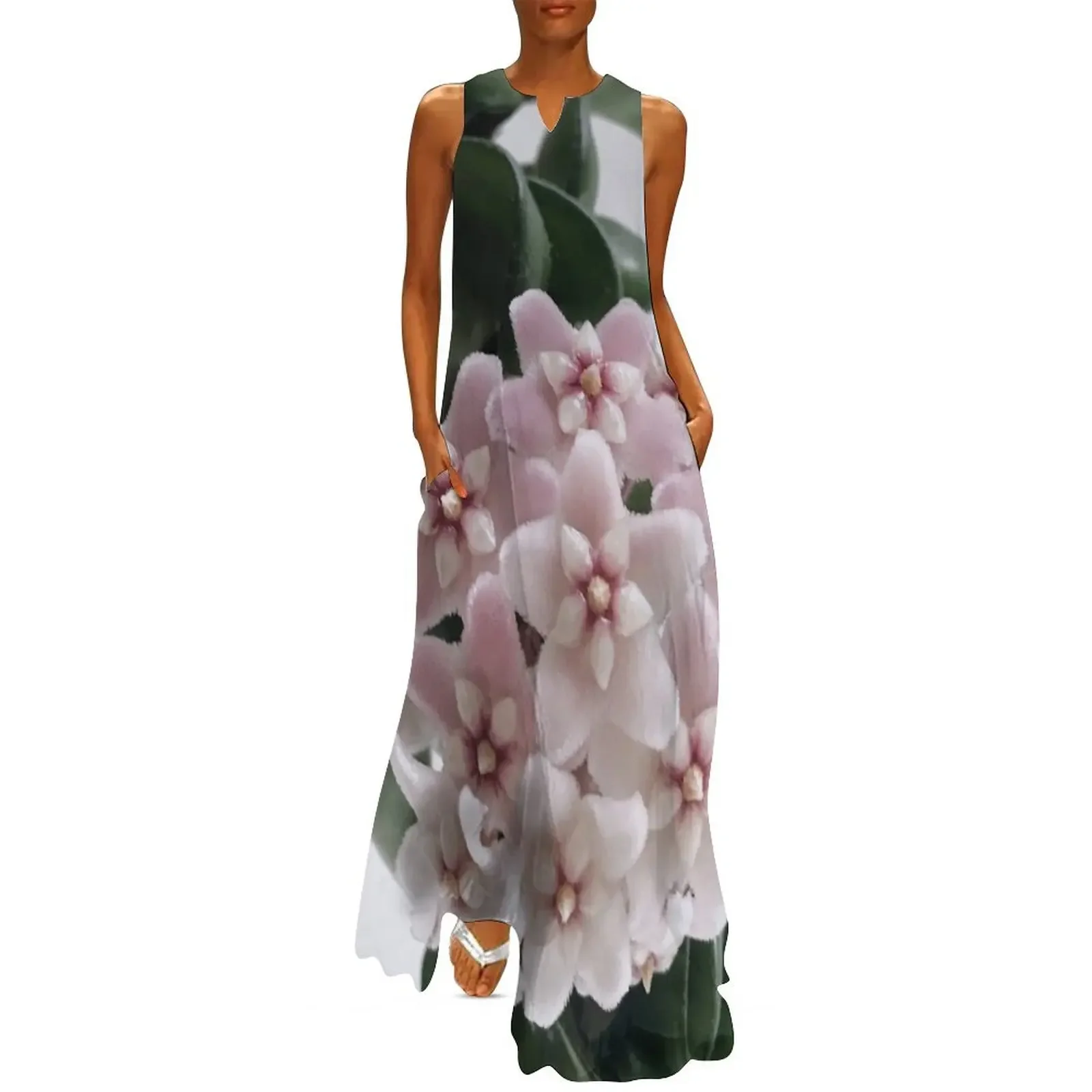 Hoya Carnosa Bloom воск растение цветение розовый зеленый тропический лист листья длинное платье вечернее платье вечерние платья женское платье