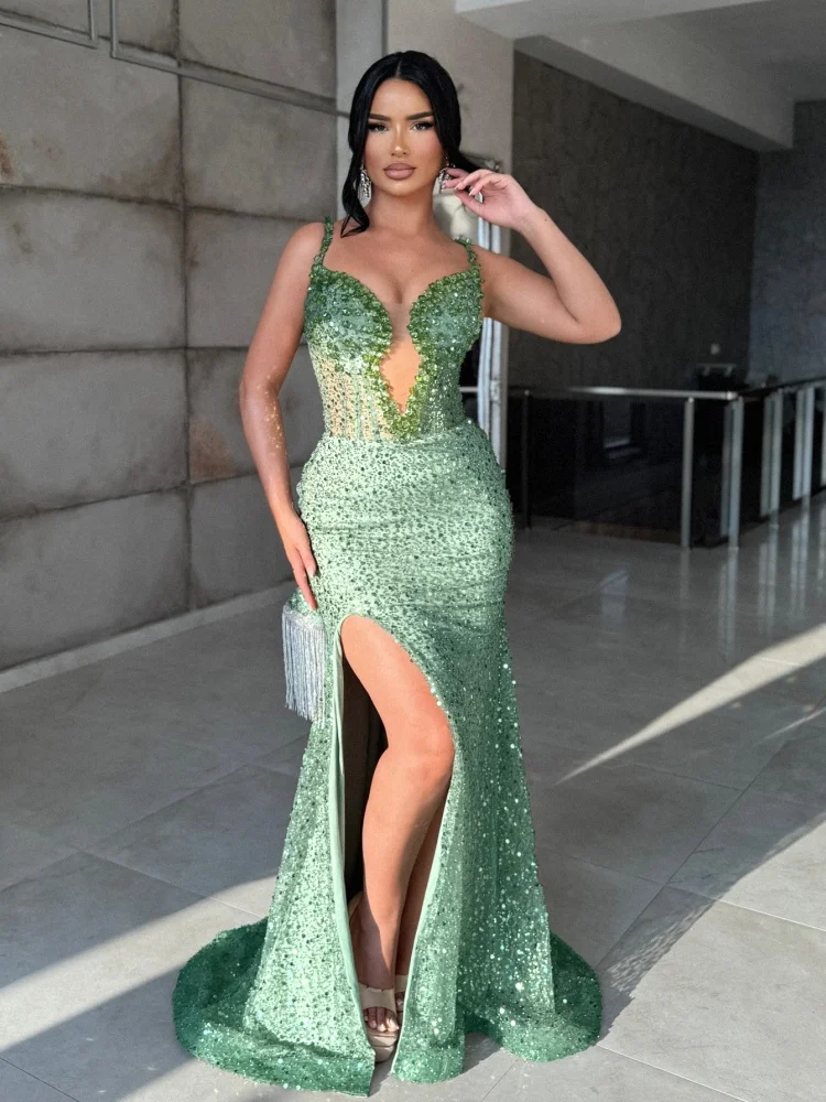 

Luxury Green Sequin Evening Dresses with Deep V Neck High Slit Mermaid Long Dress – Women’s Prom Formal Party Maxi Vestidos