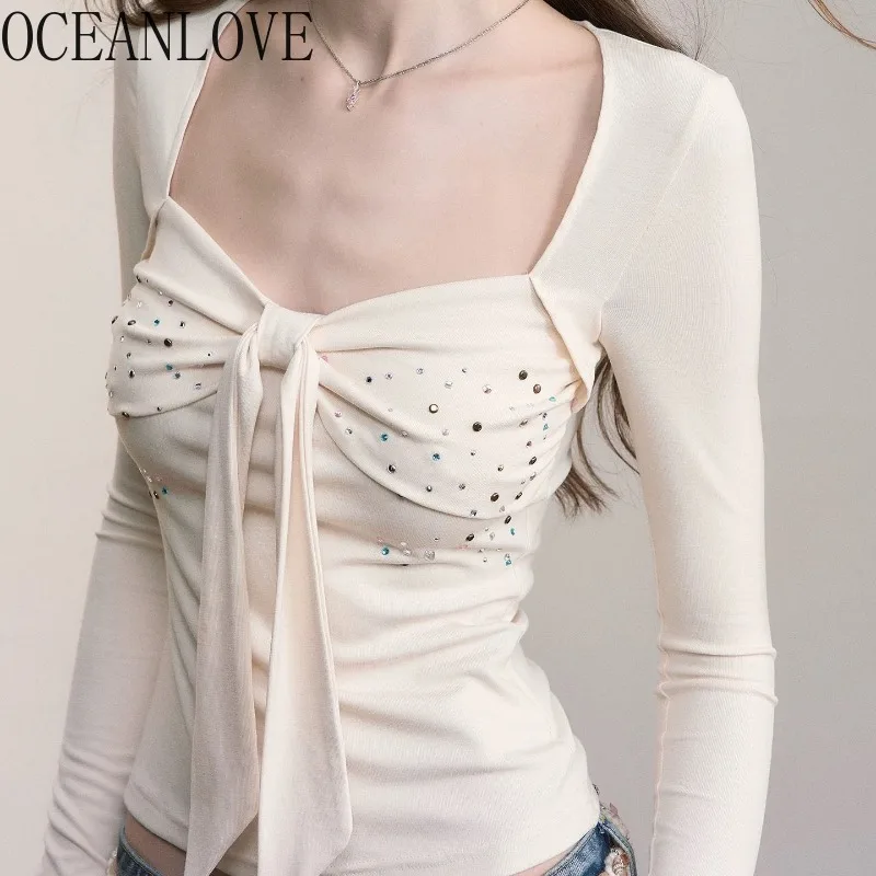 

OCEANLOVE Y2k Clothes T Shirt for Women Solid Diamonds Long Sleeve Vintage Sexy Ropa De Mujer Fashion Slim Grunge Camisetas