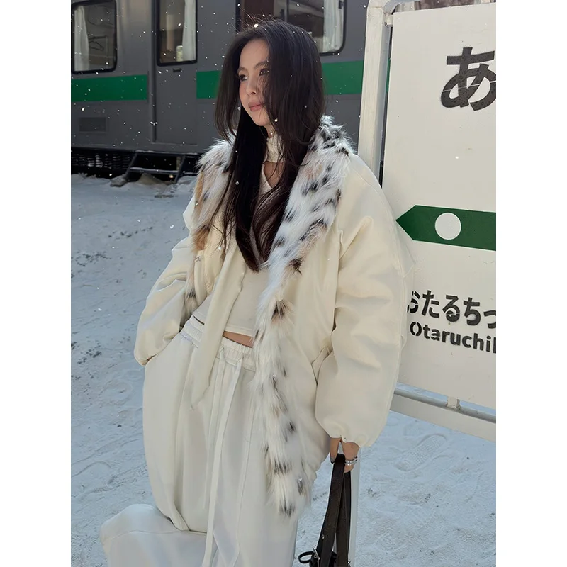 Benuynffy high street leopardo gola de pele algodão-acolchoado jaqueta feminina 2025 outono inverno novo grosso quente moda parkas para mulher