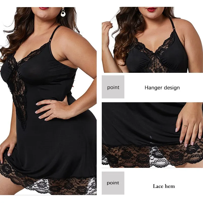 Women\'s Sexy Spaghetti Straps Lingerie Nightwear Plus Size Lace Pajamas Sleeveless Soft And Comfortable Solid Color Home Clothes